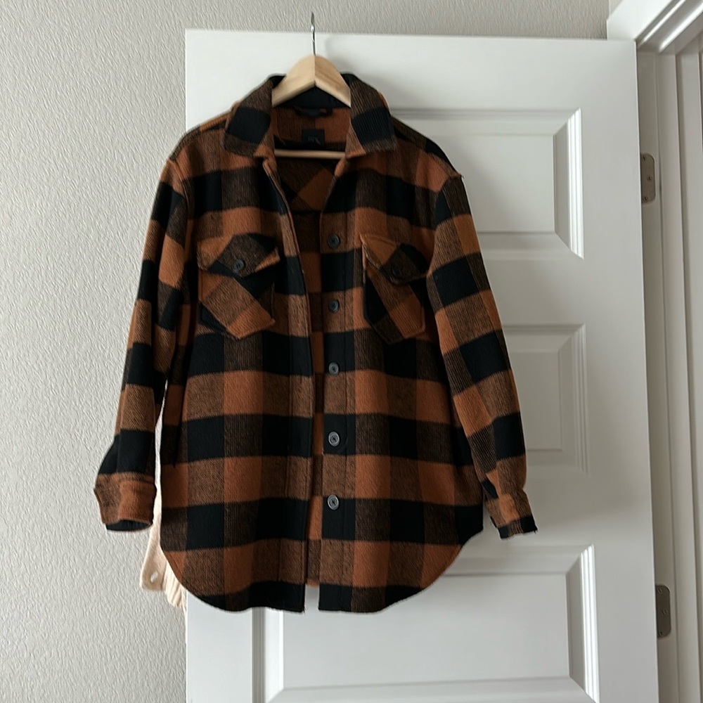 Brown and black plaid button down shacket